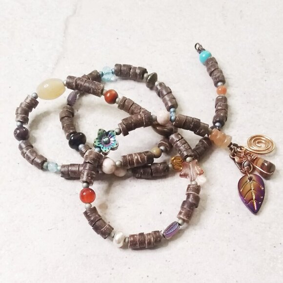 Rustic Triple Wrap Bracelet! Coconut Hull + Mixed Semi Precious Beads - Picture 1 of 7